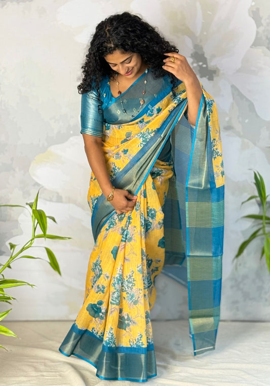 Floral Semi Linen Saree