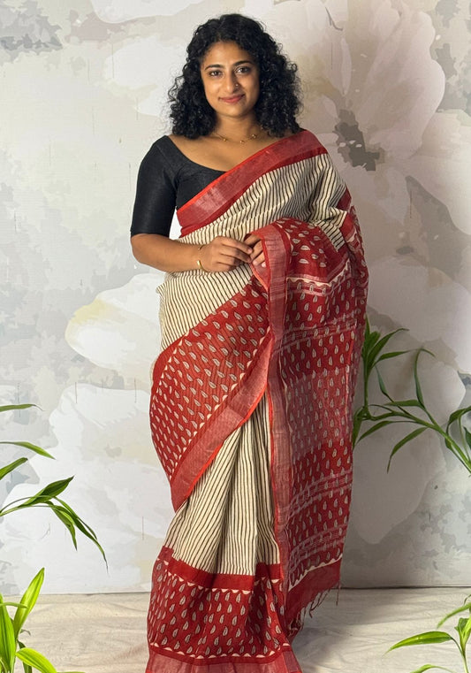 Terra cotton linen saree