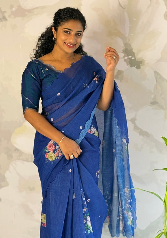 Blue Floral Semi Linen Saree