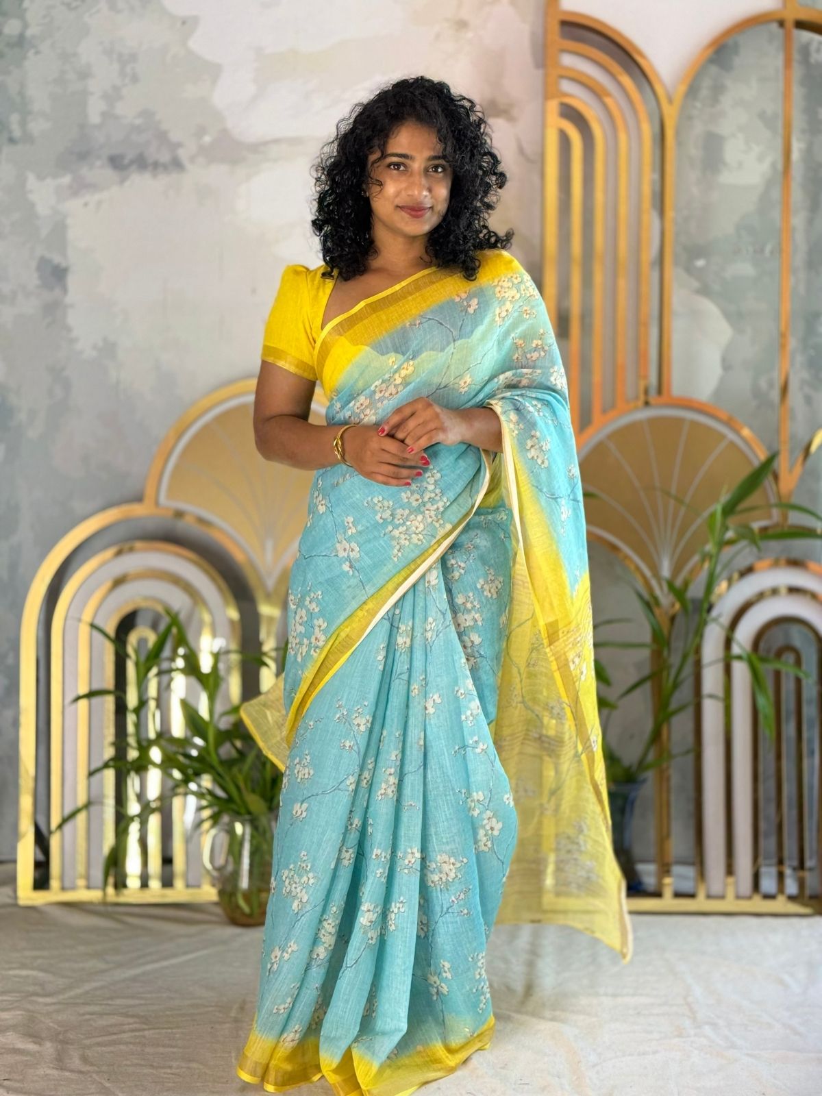 Blue semi linen saree