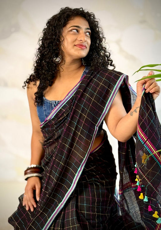 Multi check cotton Saree