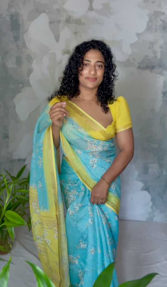 Blue semi linen saree