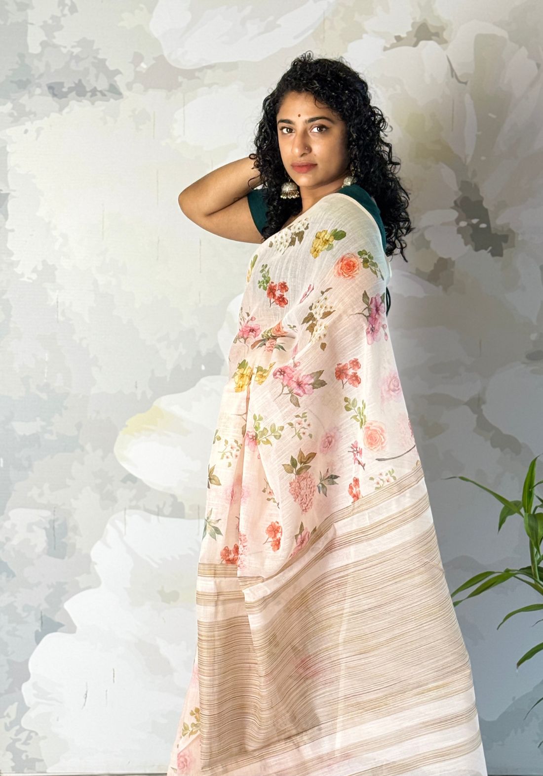 Floral beige semi linen saree