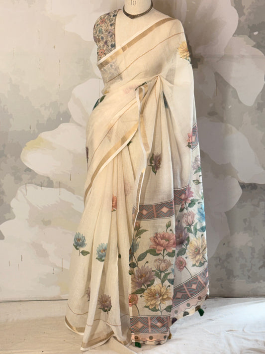 Floral semi linen saree