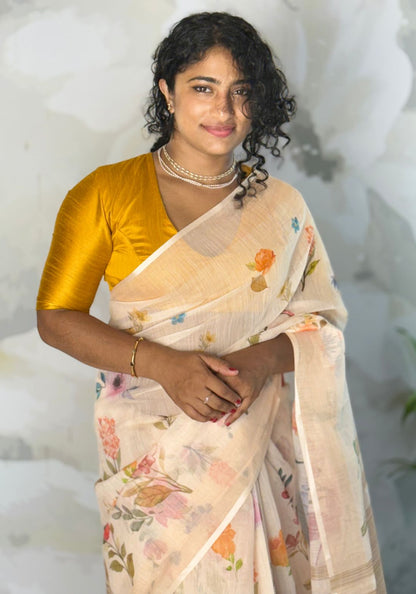 Floral beige semi linen saree