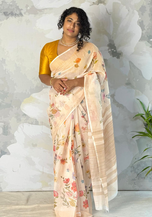 Floral beige semi linen saree