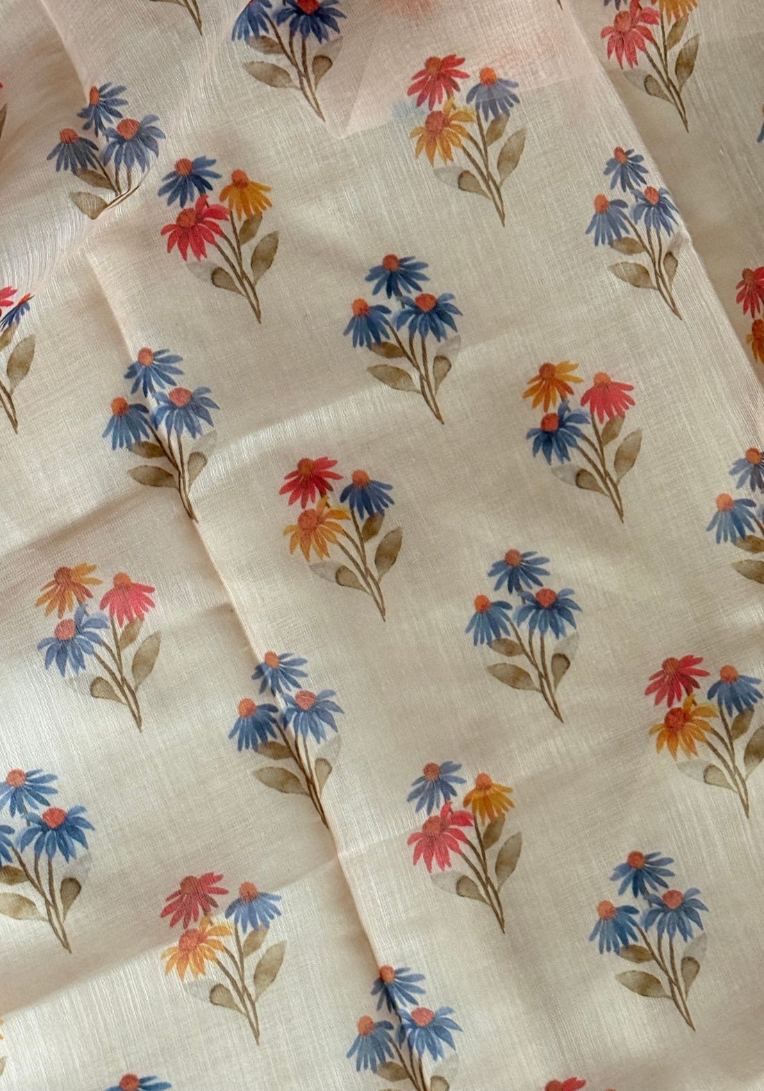 Floral beige semi linen saree