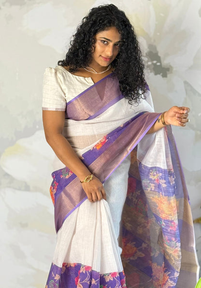 Purple flora Semi Linen Saree