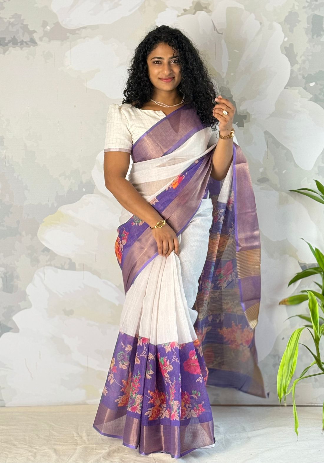 Purple flora Semi Linen Saree