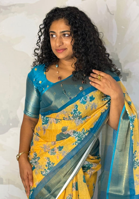 Floral Semi Linen Saree
