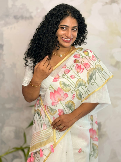 Semi linen lotus saree