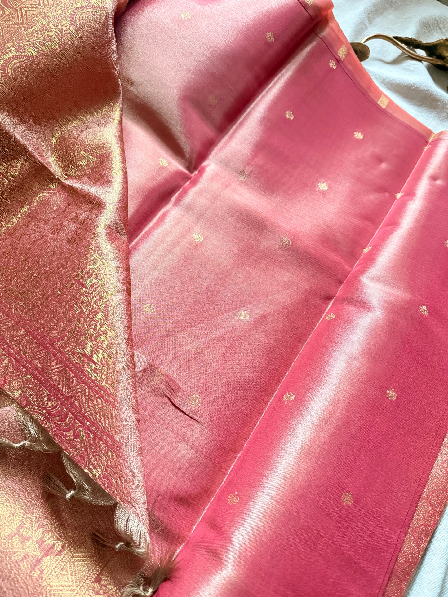 Peach Pink Tissue Jacquard Saree