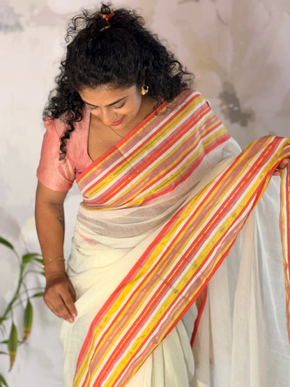 Mul Mul multi color border saree