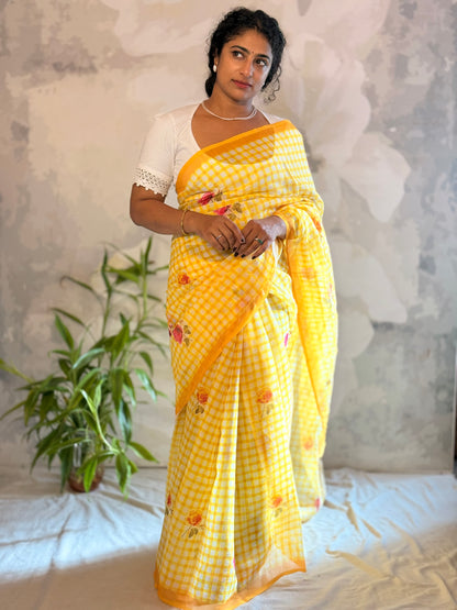 Check semi linen saree