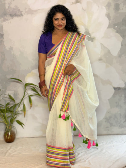 Mul Mul multi color border saree
