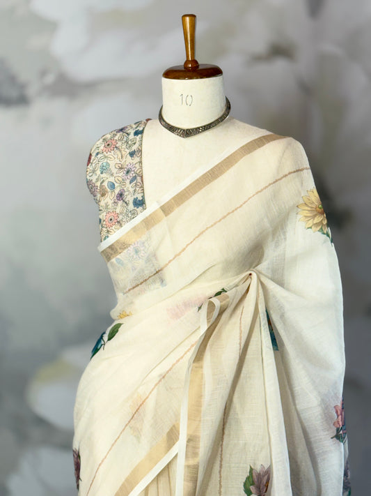 Floral semi linen saree