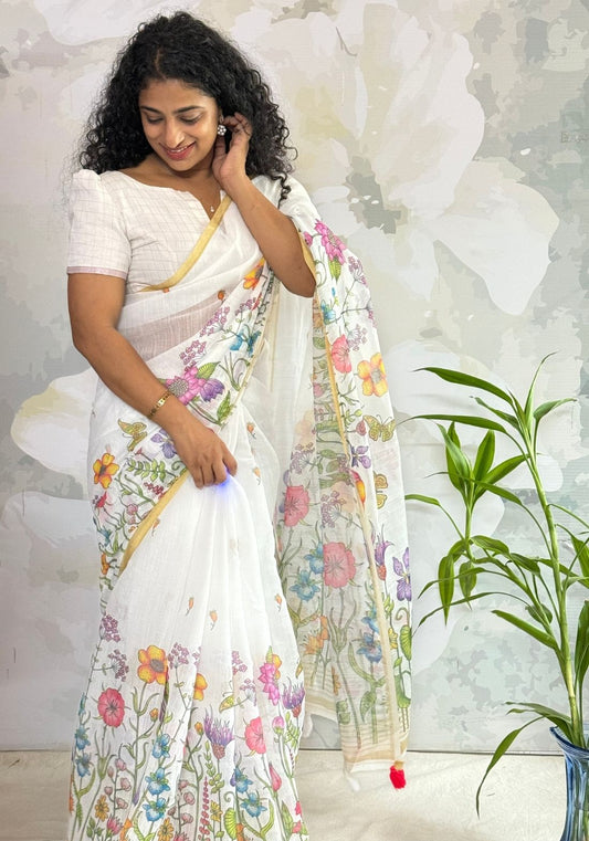 Semi Linen Multi Floral Saree