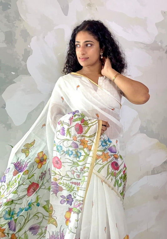 Semi Linen Multi Floral Saree