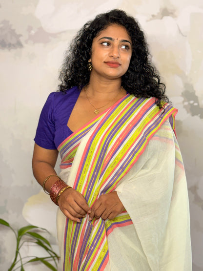 Mul Mul multi color border saree