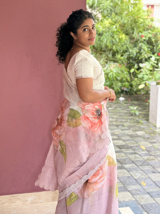 Floral semi linen saree