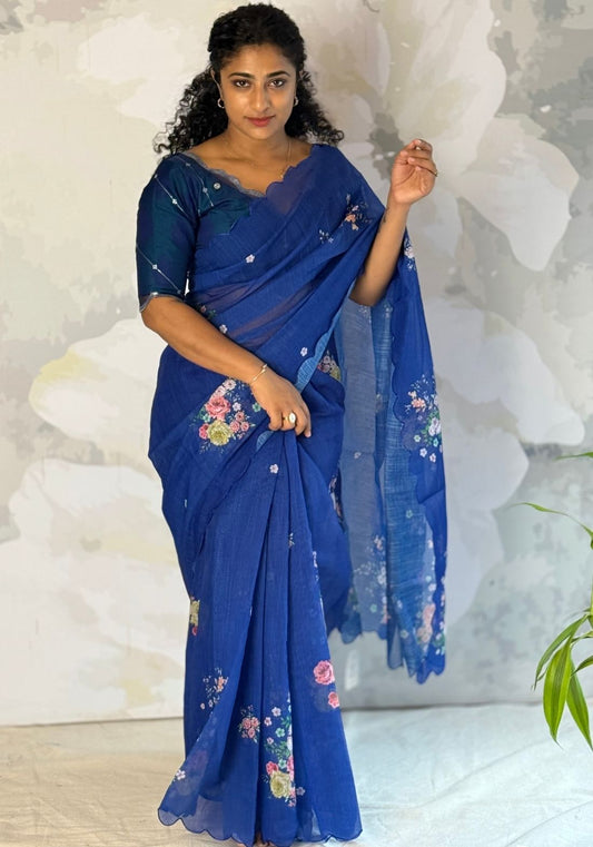 Blue Floral Semi Linen Saree