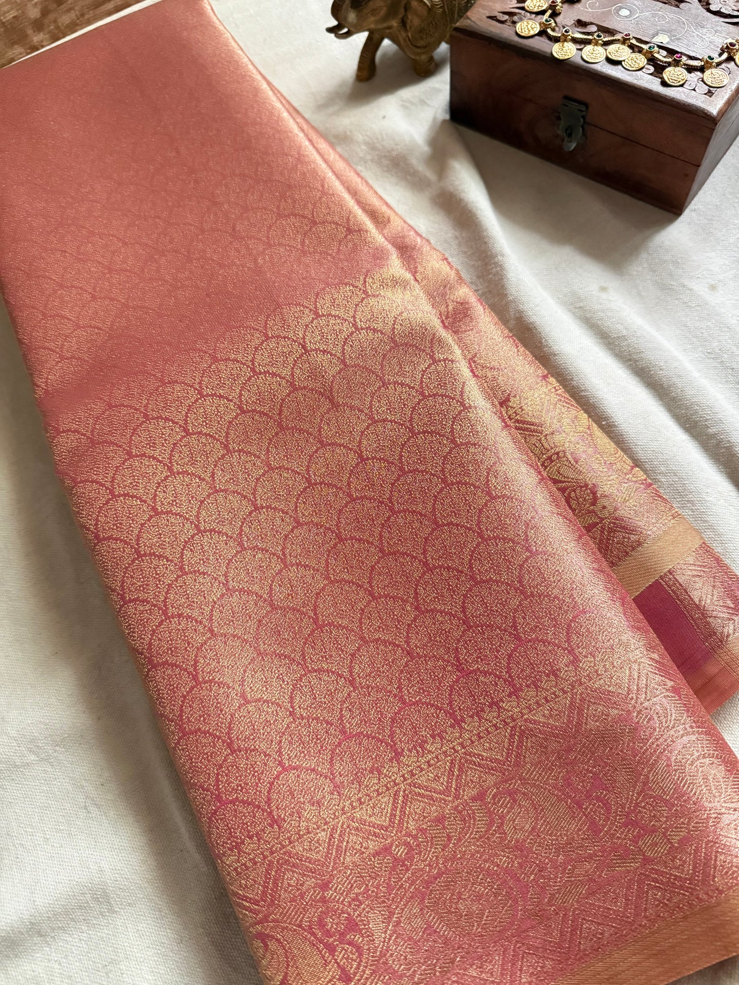 Peach Pink Tissue Jacquard Saree