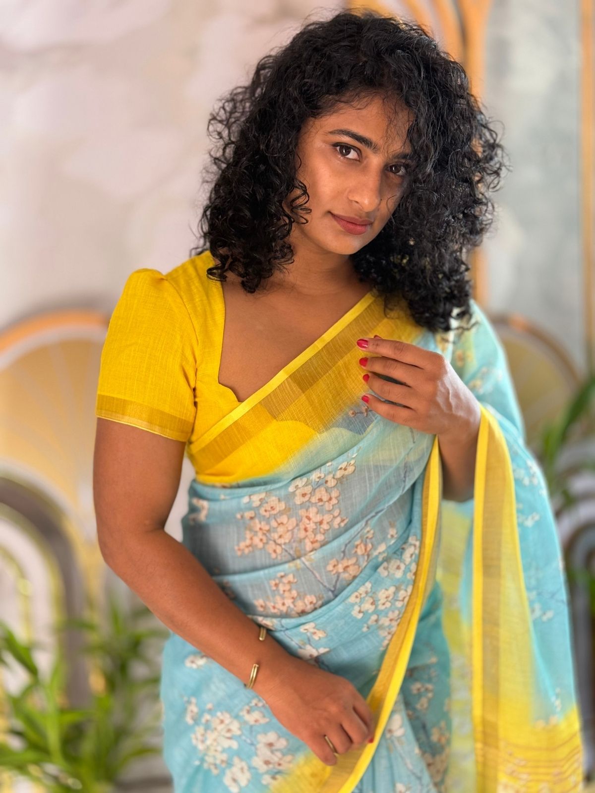 Blue semi linen saree
