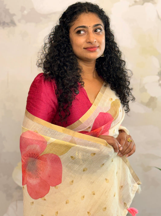 Floral semi linen saree