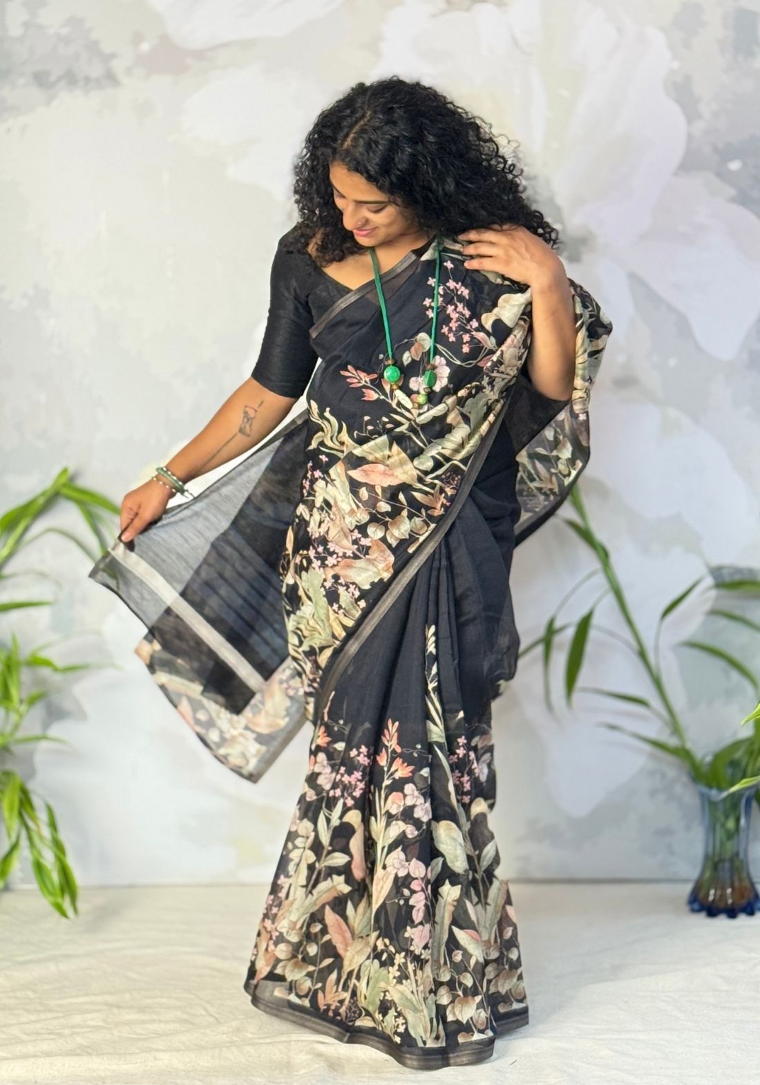 Black Flora Semi Linen Saree
