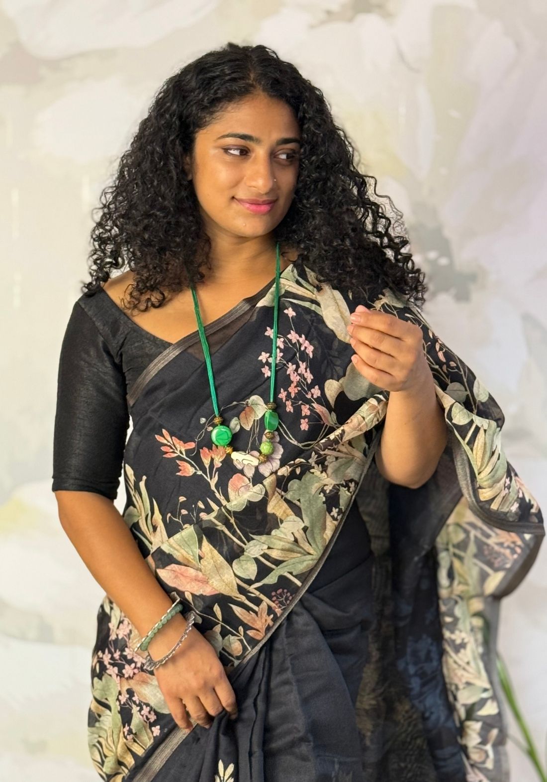 Black Flora Semi Linen Saree