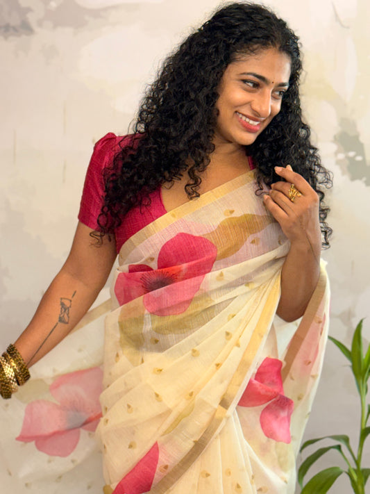 Floral semi linen saree