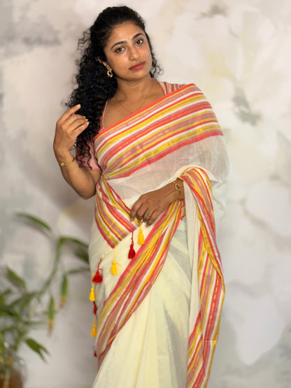 Mul Mul multi color border saree