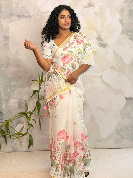 Semi linen lotus saree