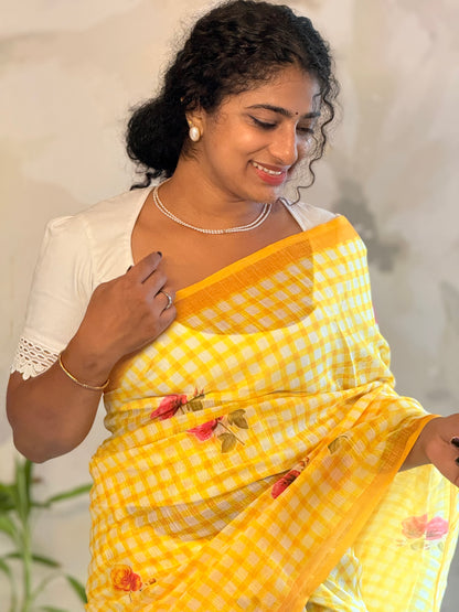 Check semi linen saree