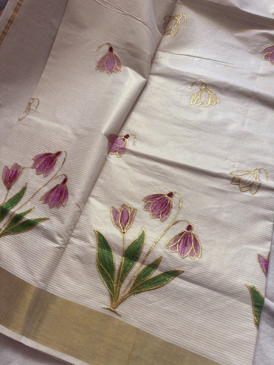 Kerala Cotton embroidered saree