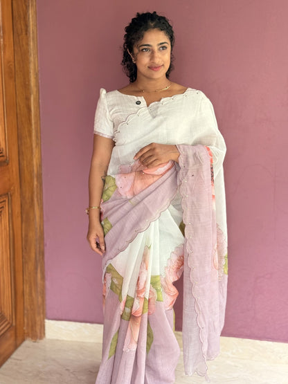 Floral semi linen saree