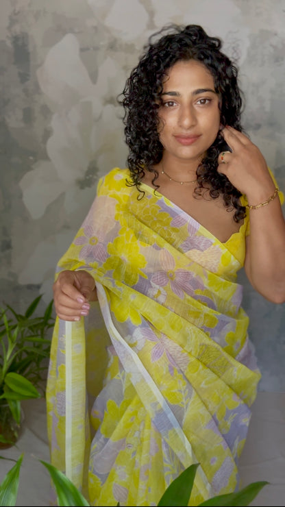 Floral semi linen saree