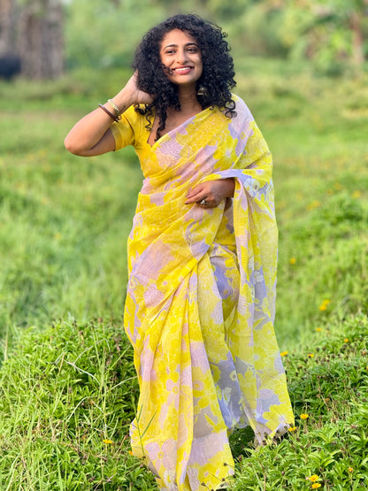 Floral semi linen saree