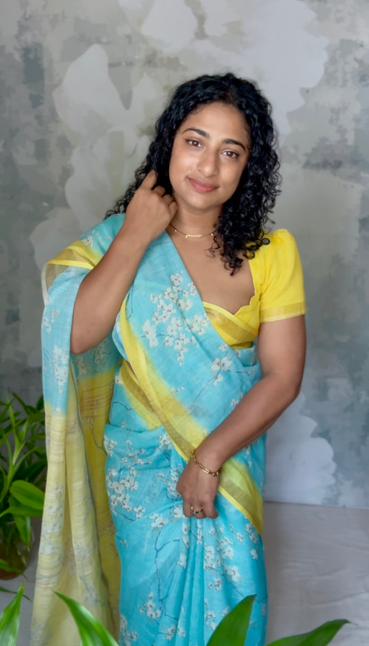 Blue semi linen saree