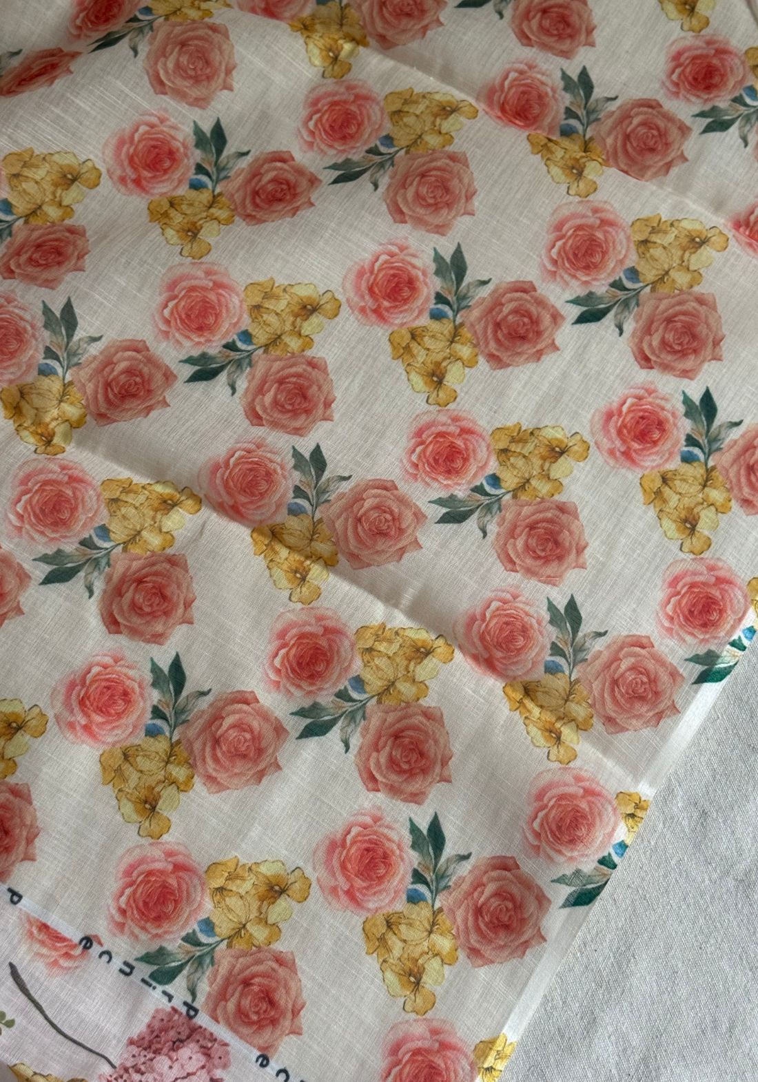 Floral beige semi linen saree