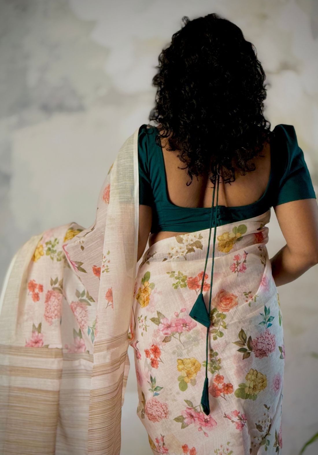Floral beige semi linen saree