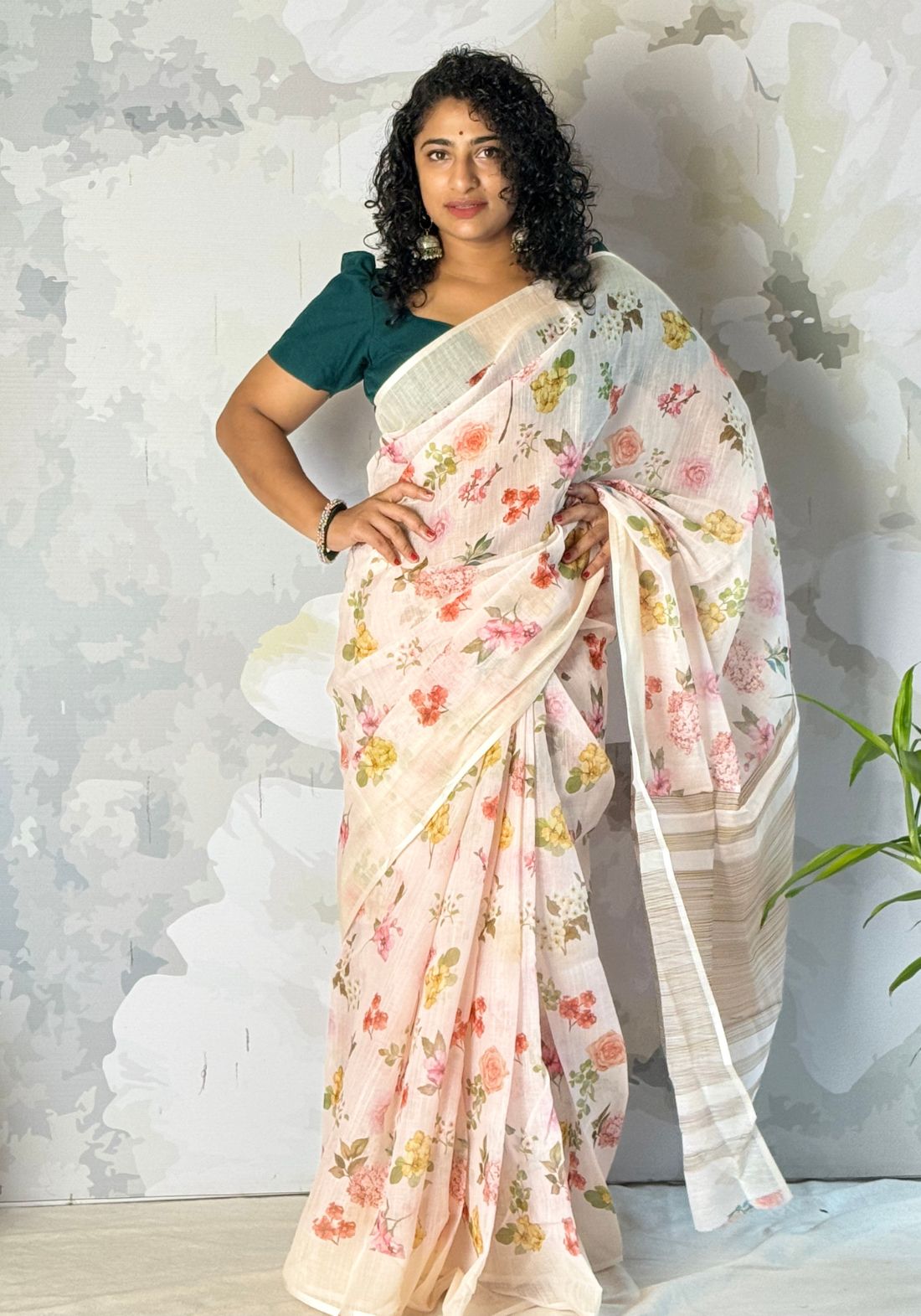Floral beige semi linen saree