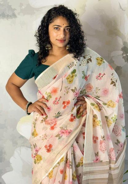 Floral beige semi linen saree