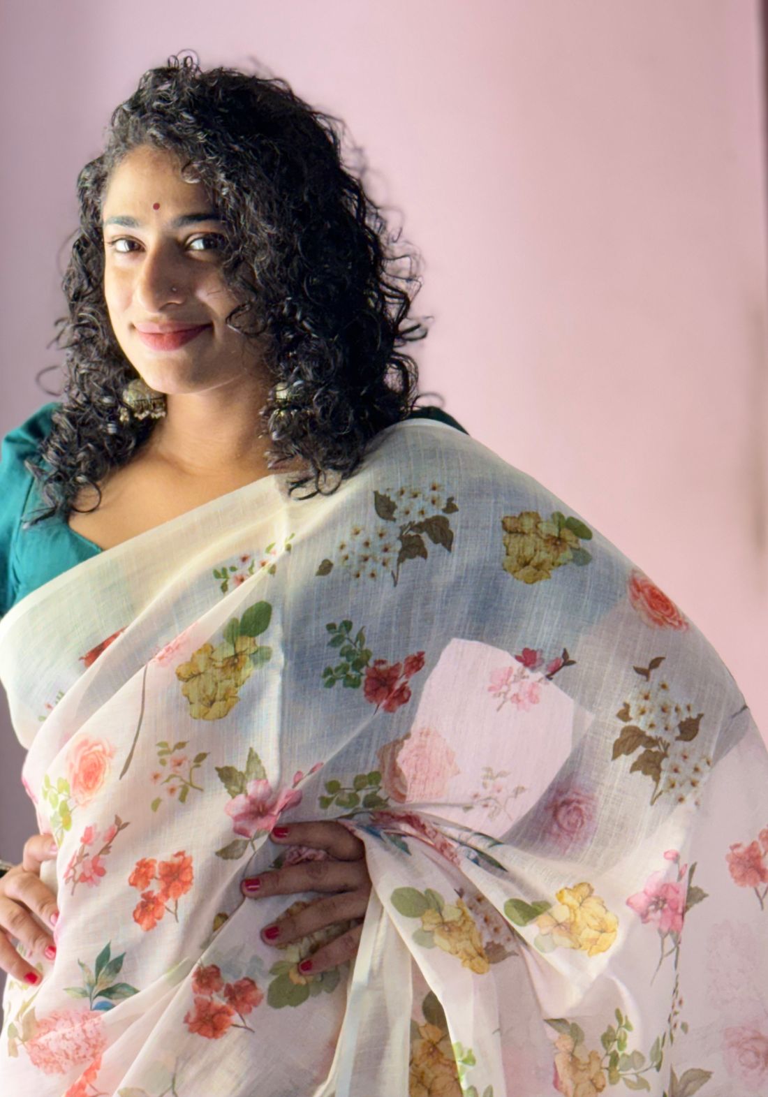 Floral beige semi linen saree