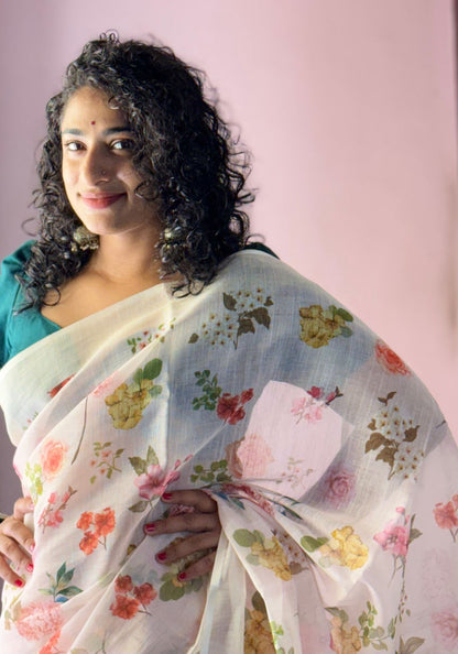 Floral beige semi linen saree