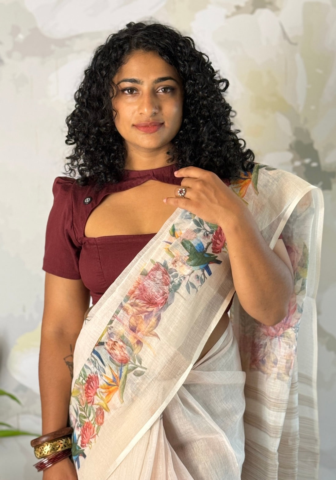 Floral beige semi linen saree