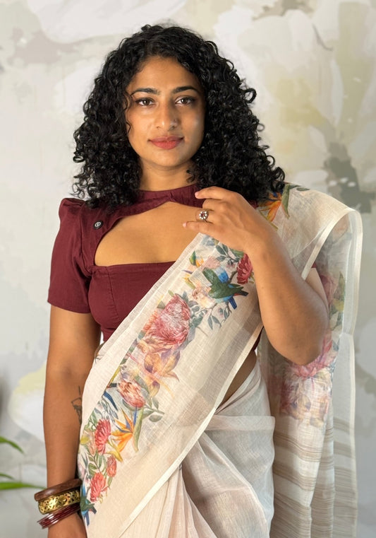Floral beige semi linen saree