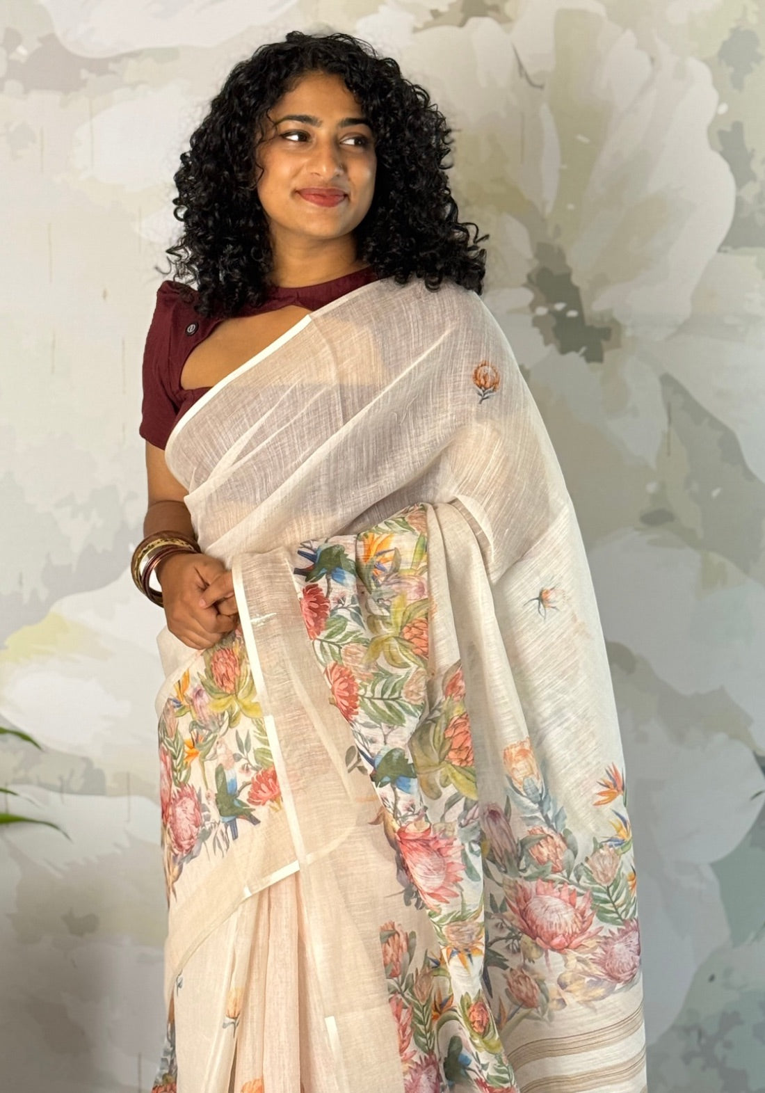 Floral beige semi linen saree