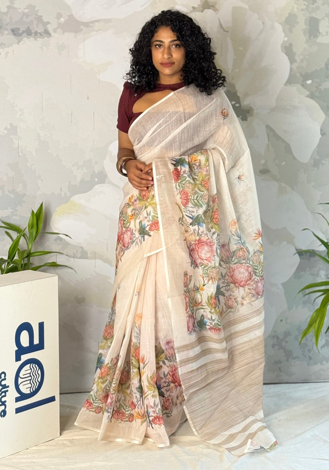 Floral beige semi linen saree
